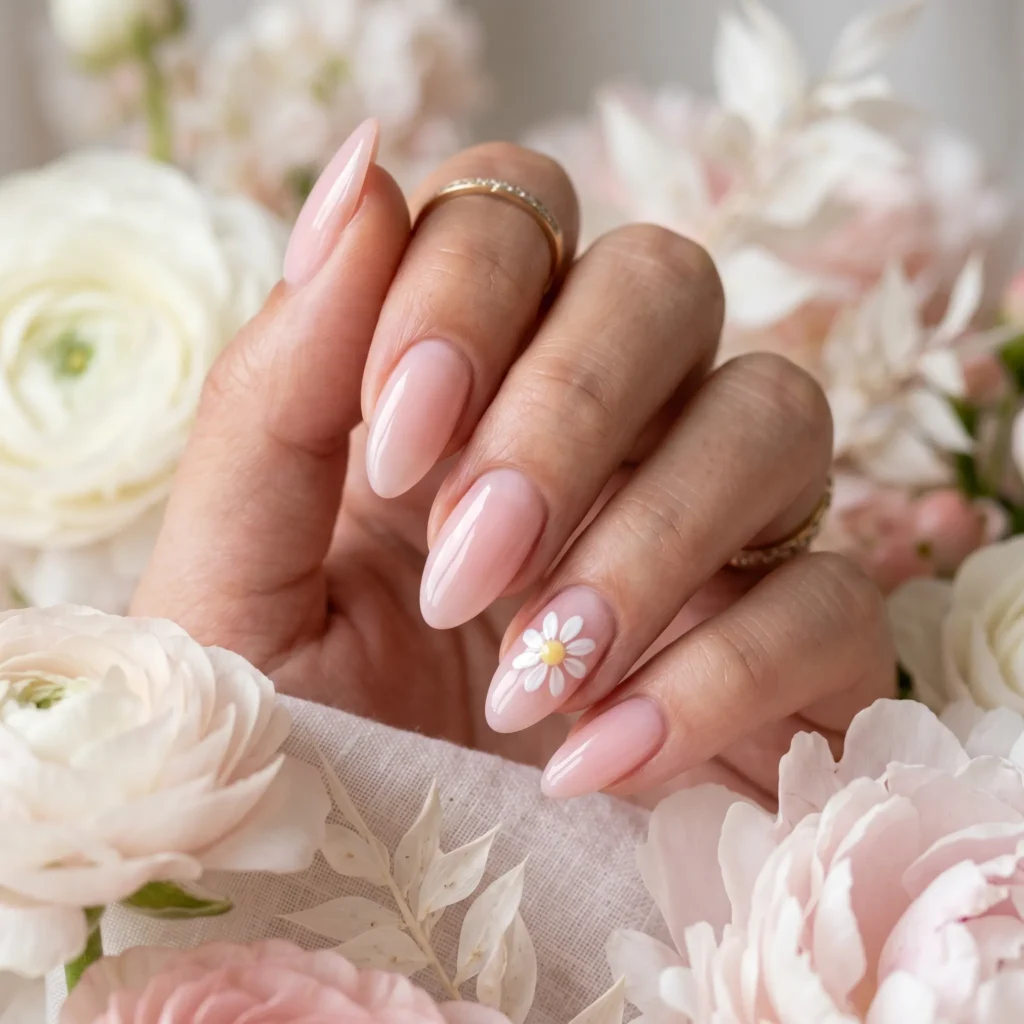 Mother's Day nails 2026 &mdash; sheer pink base with hand-painted daisy accent nail art