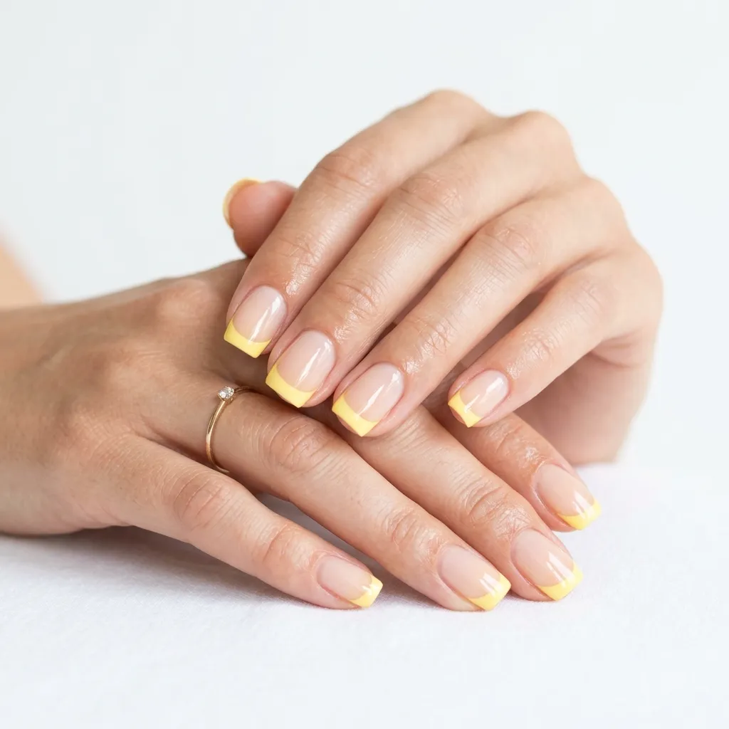 Buttery yellow french tip nails on short square nails for summer manicure