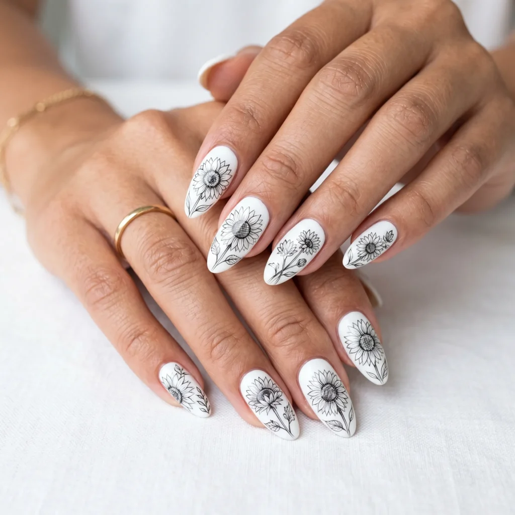 Sunflower line art nail design with botanical sketch style on white almond nails