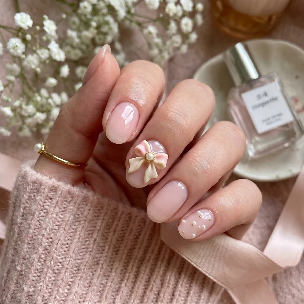 korean nails 2026 3d bow nails blush pink sculpted bow micro pearls