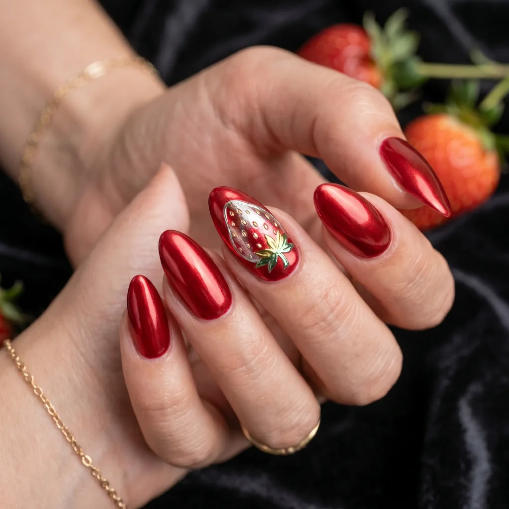 strawberry nails 2026 chrome foil accent red almond