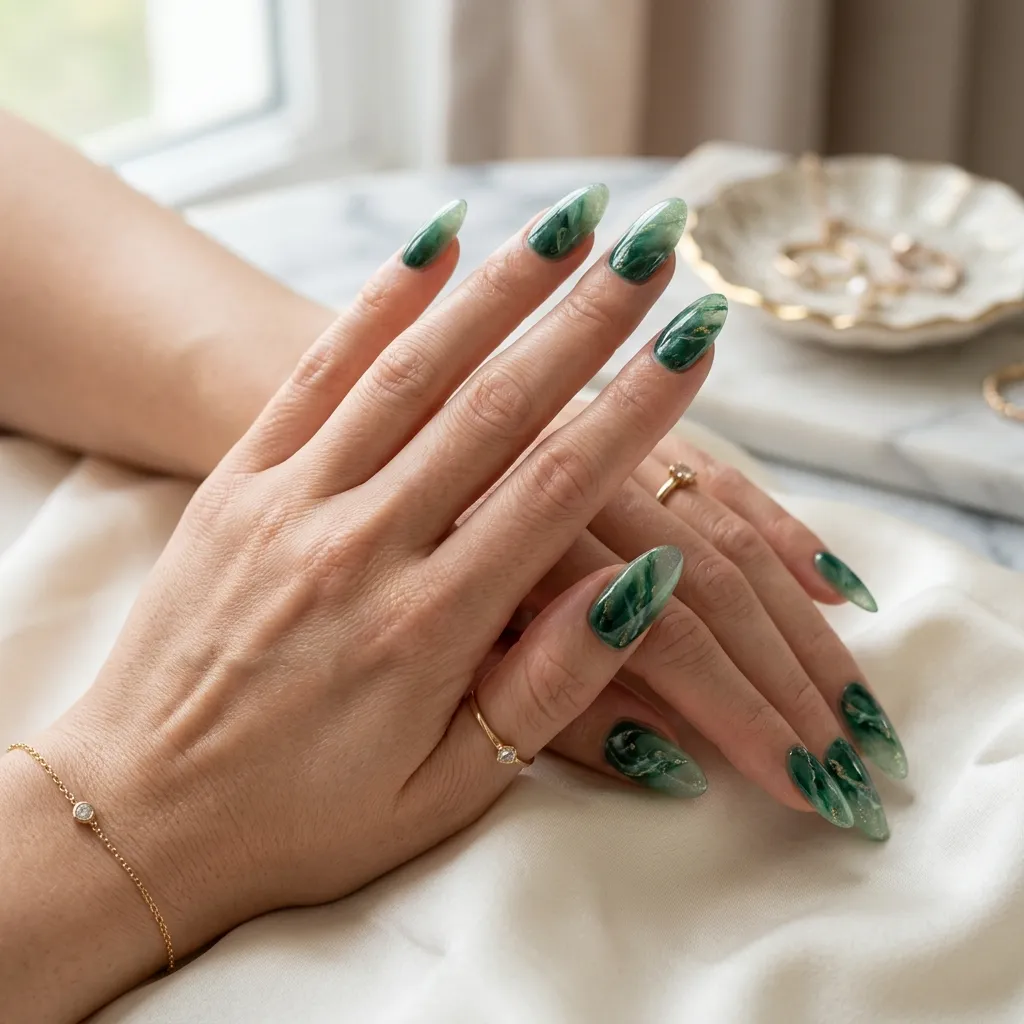 Jade marble ombre nails transitioning from deep emerald to translucent green tips.