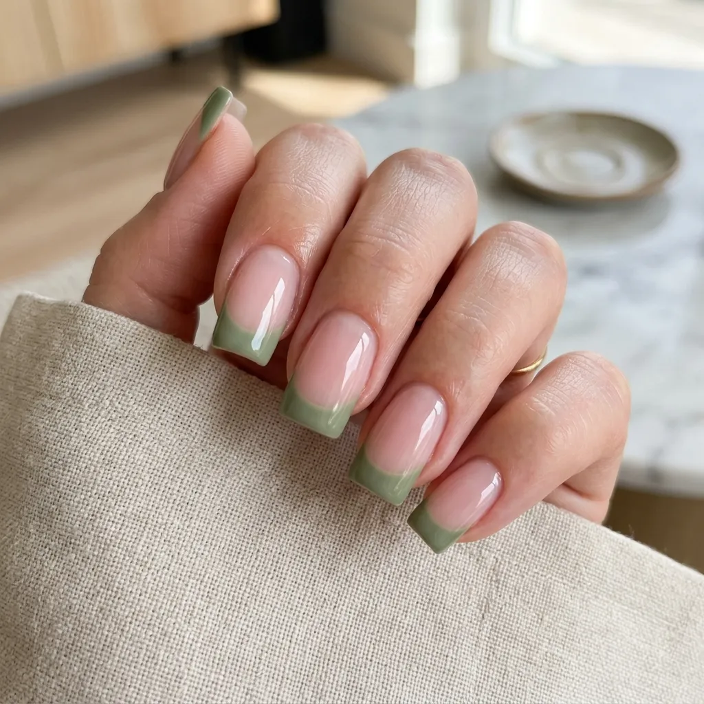 Sage green French tip nails on square shape with sheer pink base
