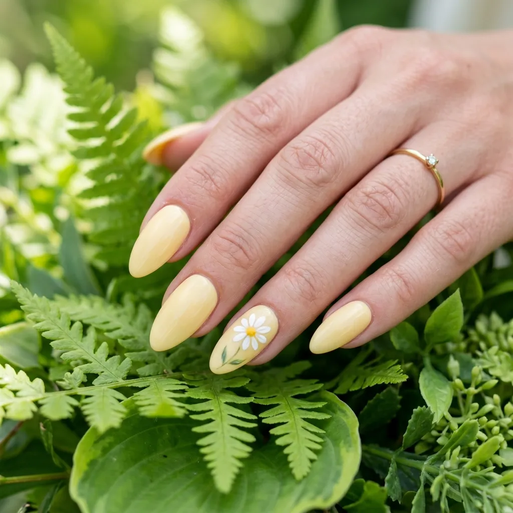 Almond press-on nails in butter yellow with a white daisy accent nail resting over fresh spring greenery