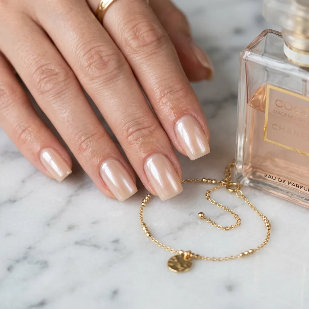 Glazed champagne beige neutral resort vacation nails 2026 quiet luxury