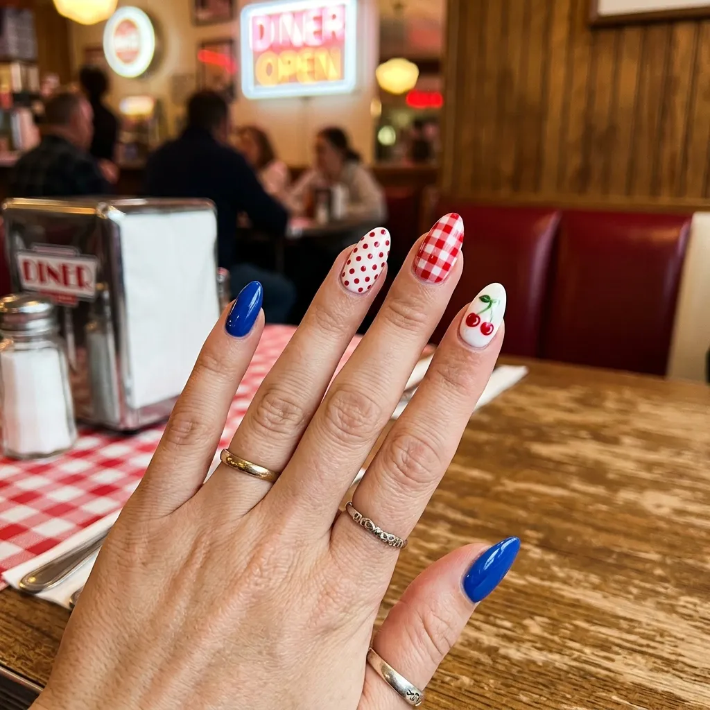 Retro Americana fourth of july nails with gingham and cherry details 2026