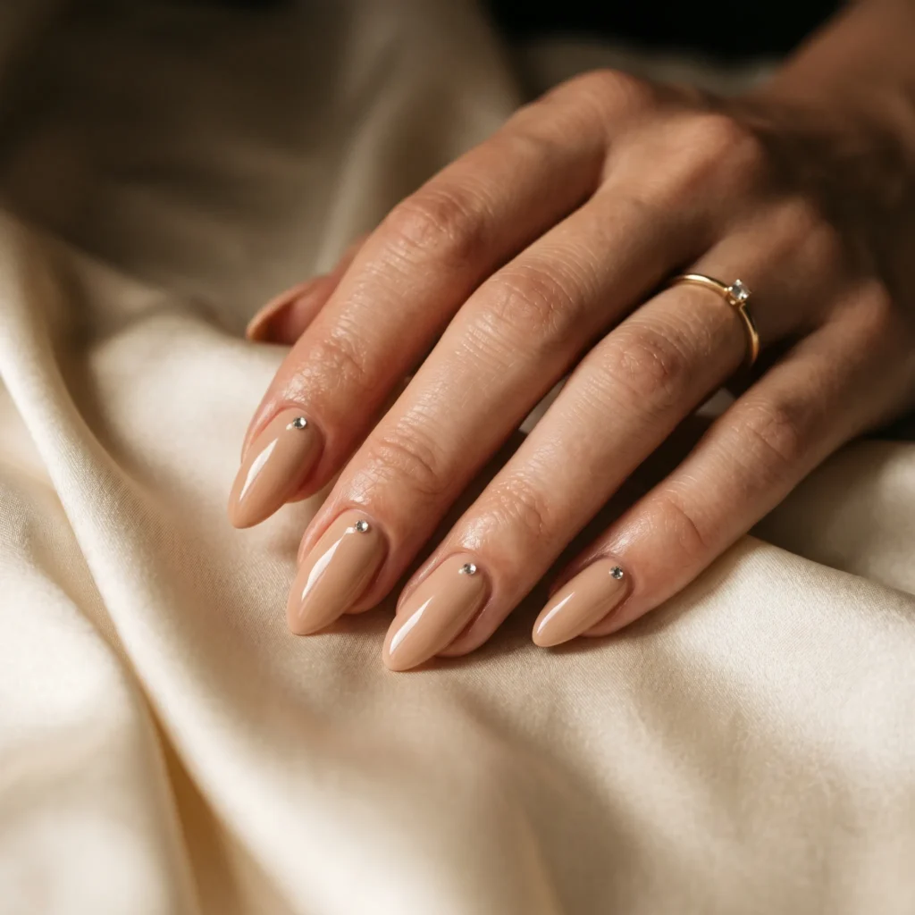 Mother's Day nails 2026 &mdash; old money nude gel nails with single crystal accent, quiet luxury