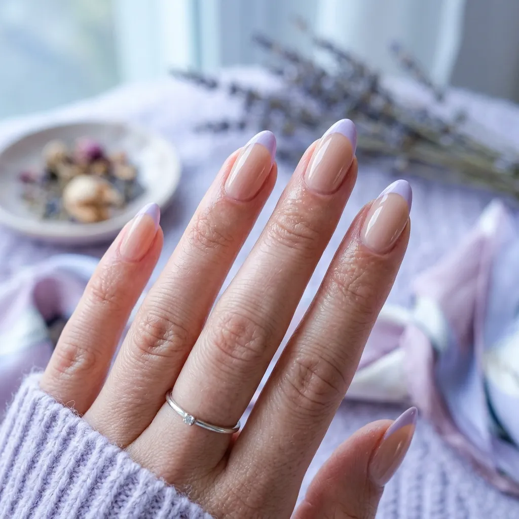 Soft lavender french tip nails with glossy nude manicure base