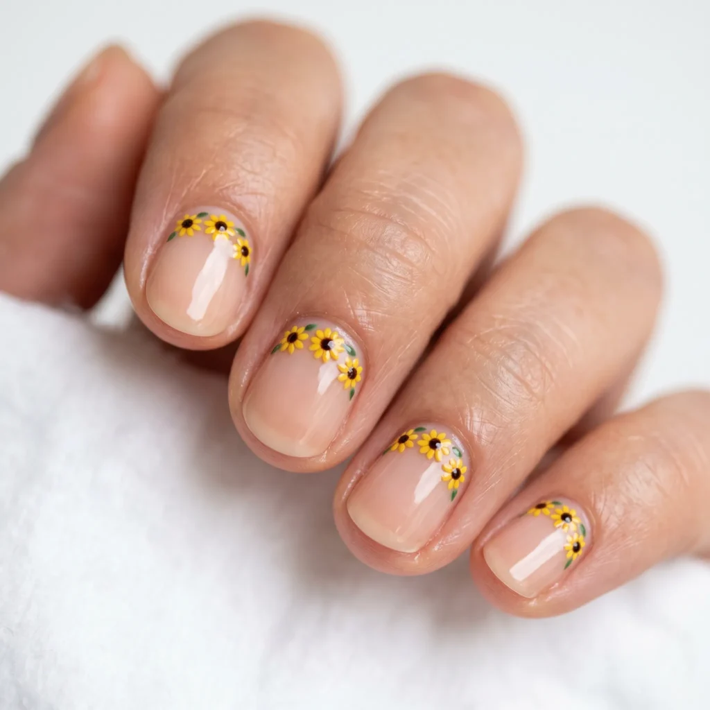 Sunflower cuticle dot nail art with tiny yellow flowers along cuticle on round nails
