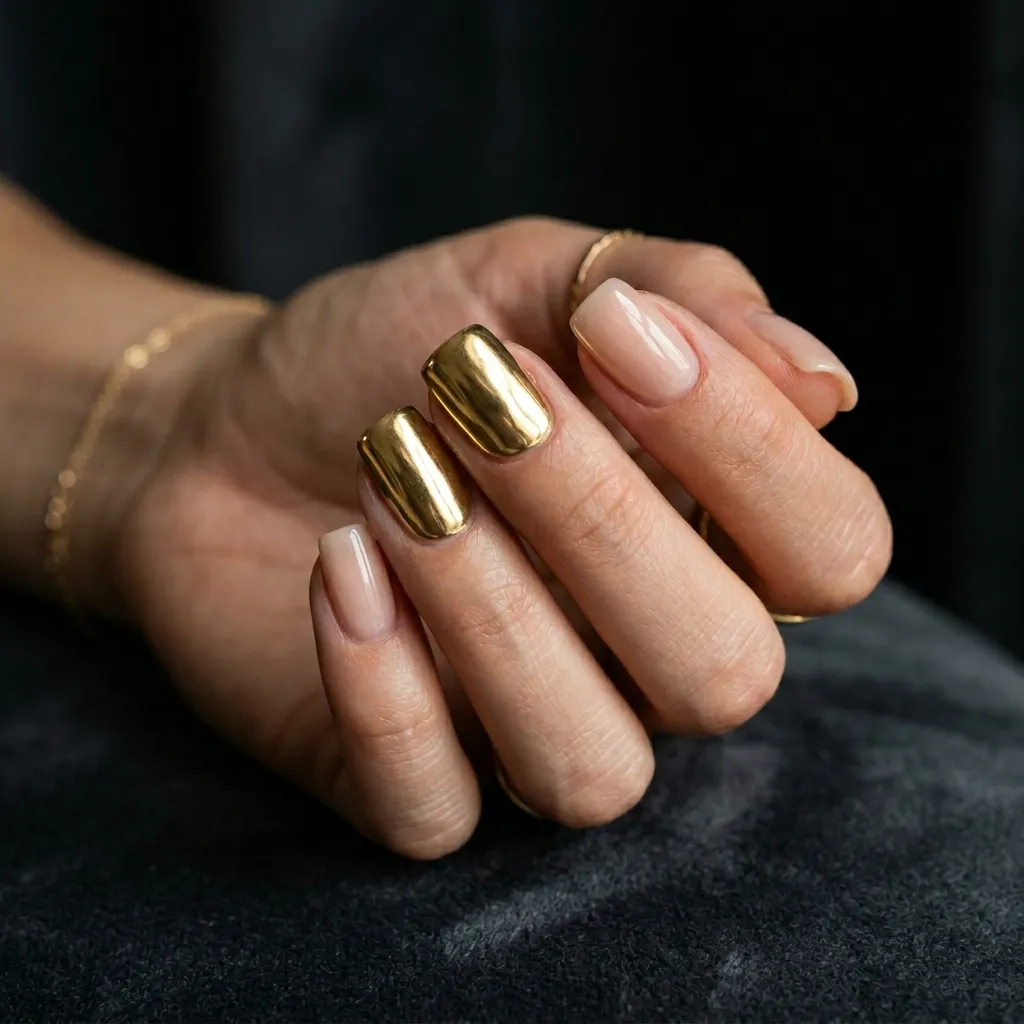 korean nails 2026 chrome nails gold accent nude squoval short nails