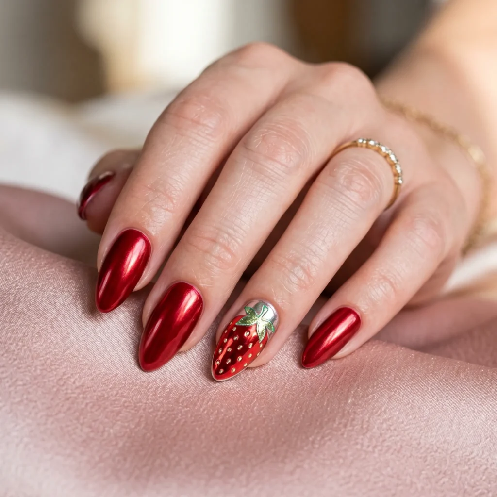 strawberry nails 2026 milky white base accent oval