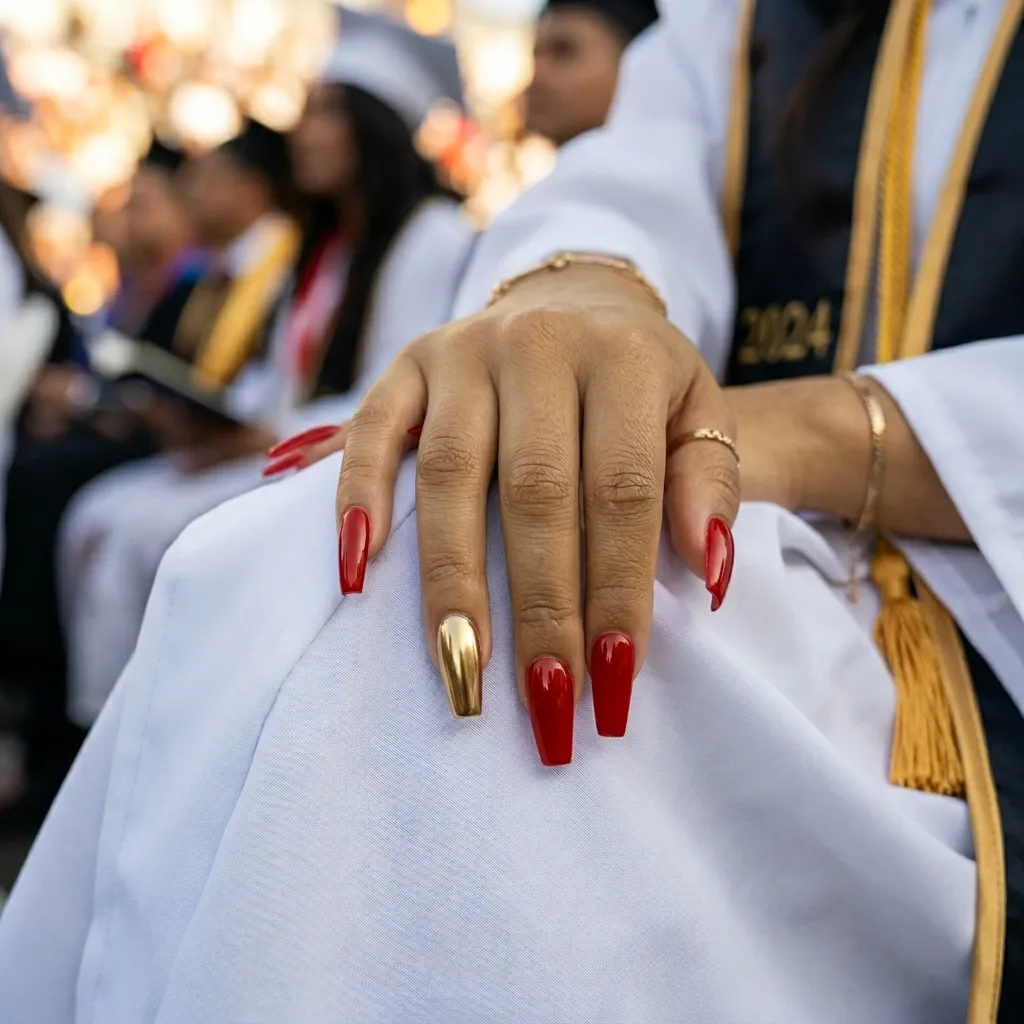 "Bold tomato red coffin nails for graduation 2026 on olive skin with gold chrome accent"