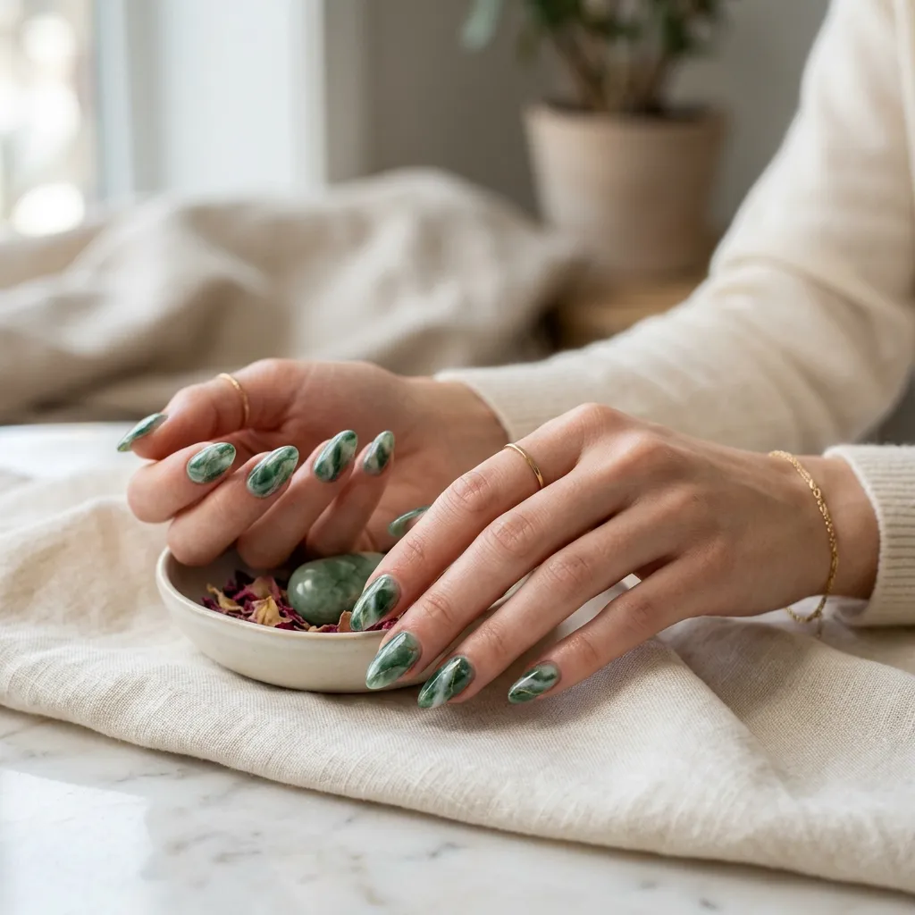 Glossy jade marble press-on nails styled to resemble a luxury salon manicure.