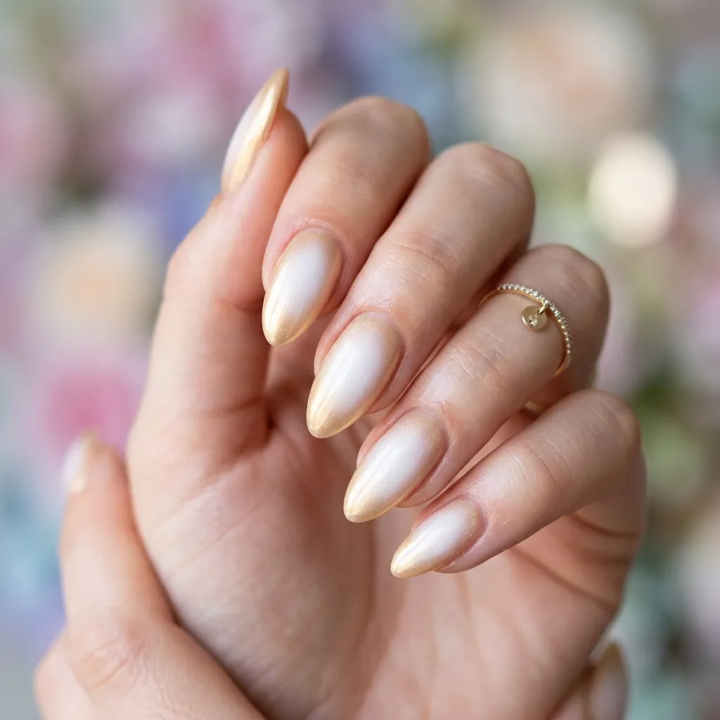 White to gold aura gradient nails on almond shape for June 2026