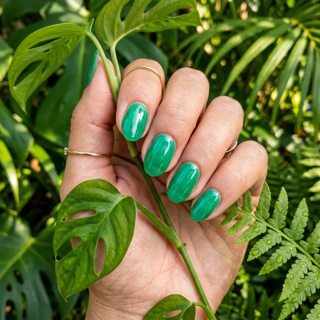 Short oval press-on nails in vivid jade green with a jelly gloss finish photographed near tropical leaves