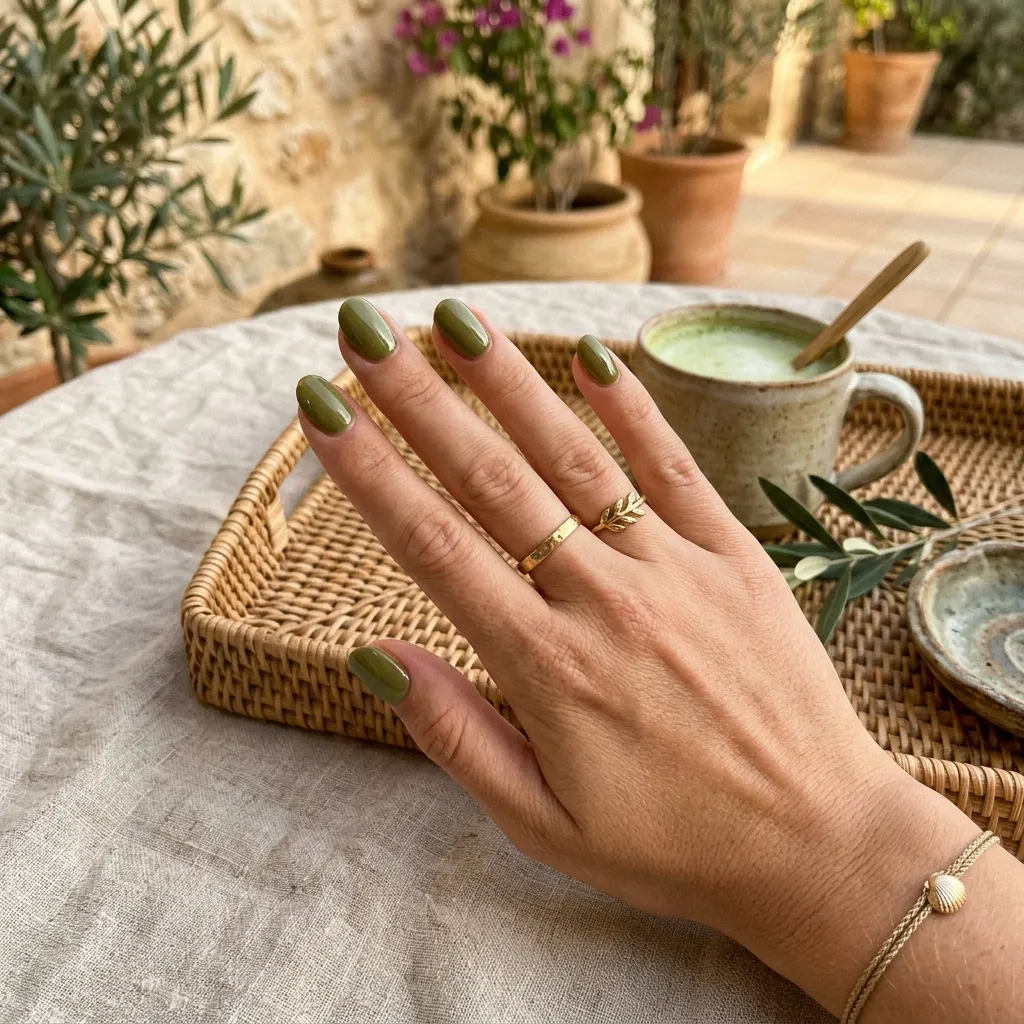 Matcha green gloss vacation nails 2026 short oval earthy aesthetic