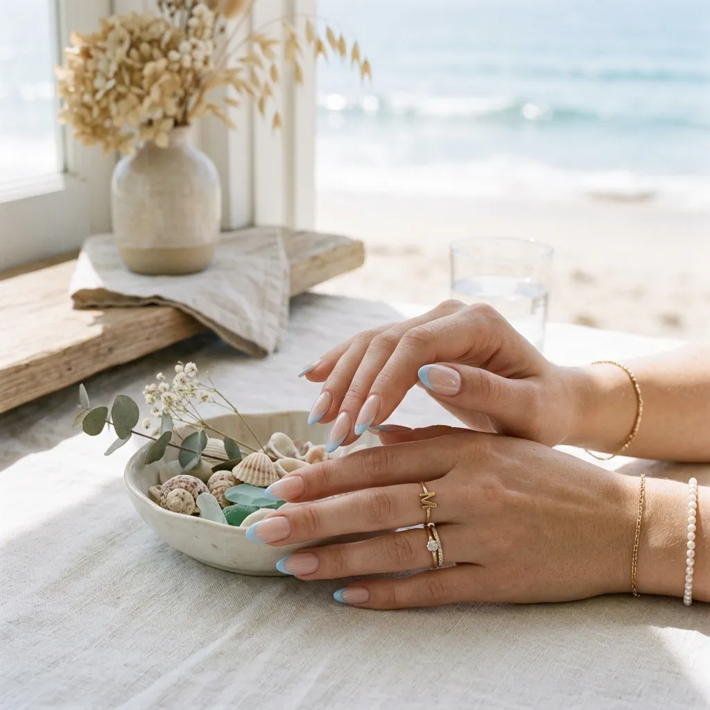 Baby blue french tip nails with glossy almond-shaped manicure