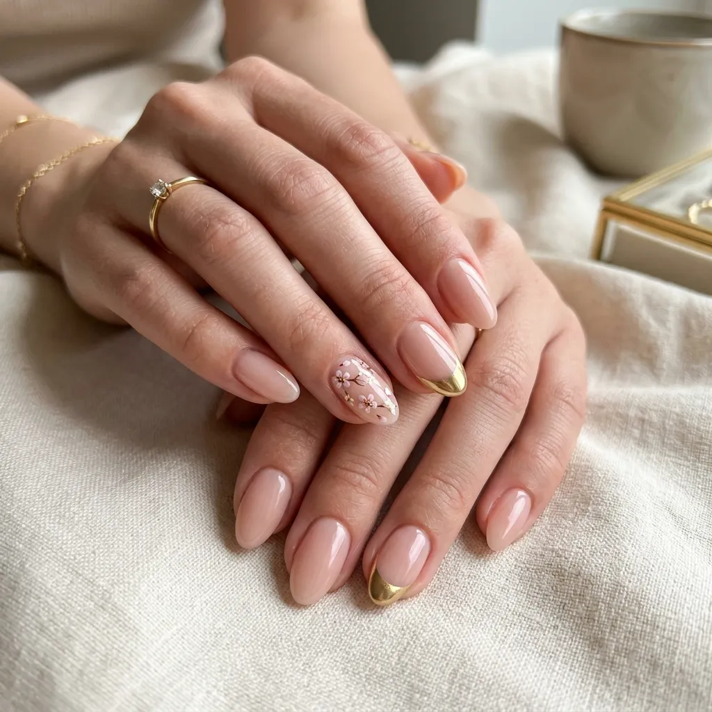 korean nails 2026 kpop nails nude almond gold foil floral accent