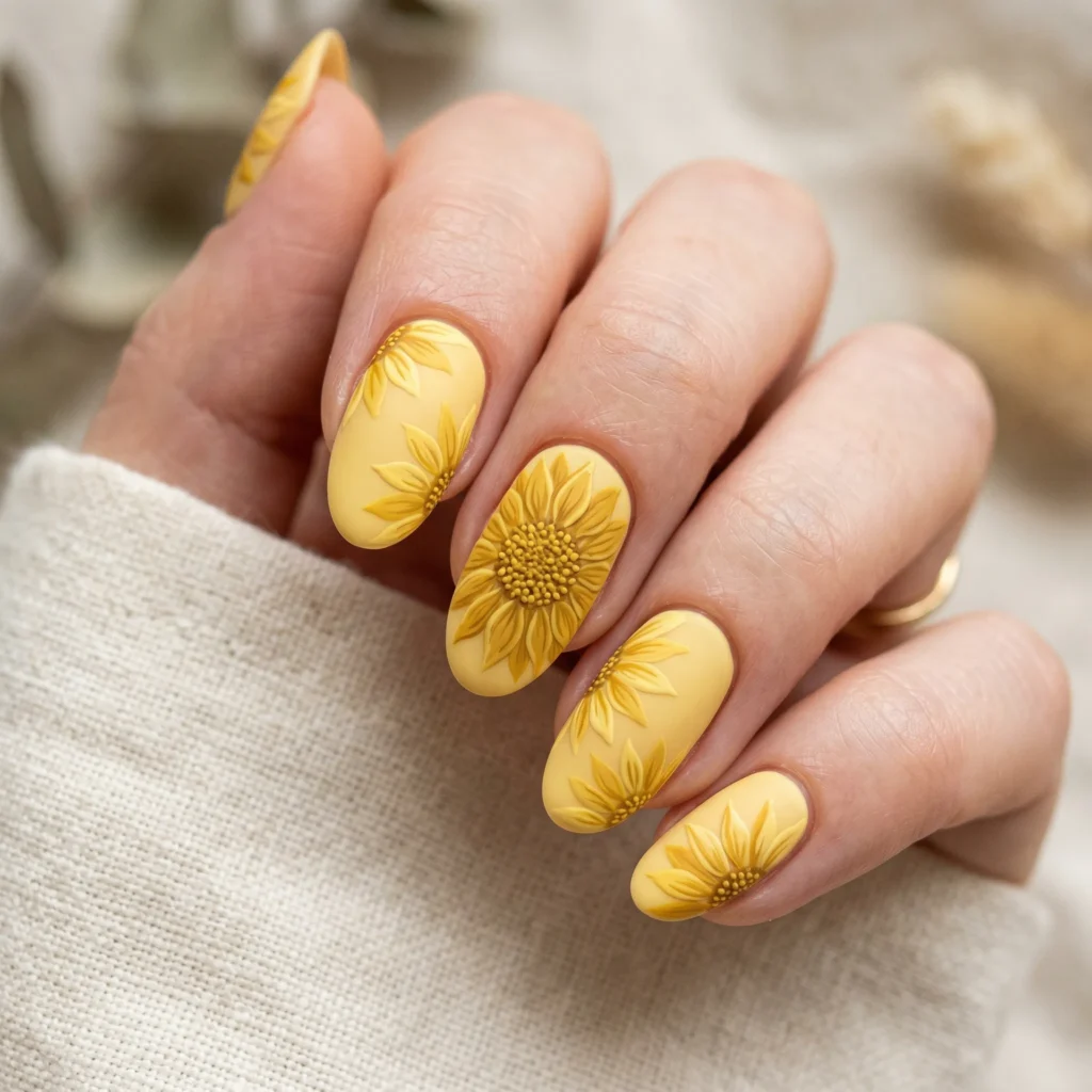 Monochrome yellow sunflower nail art with tonal shades and matte finish on oval nails