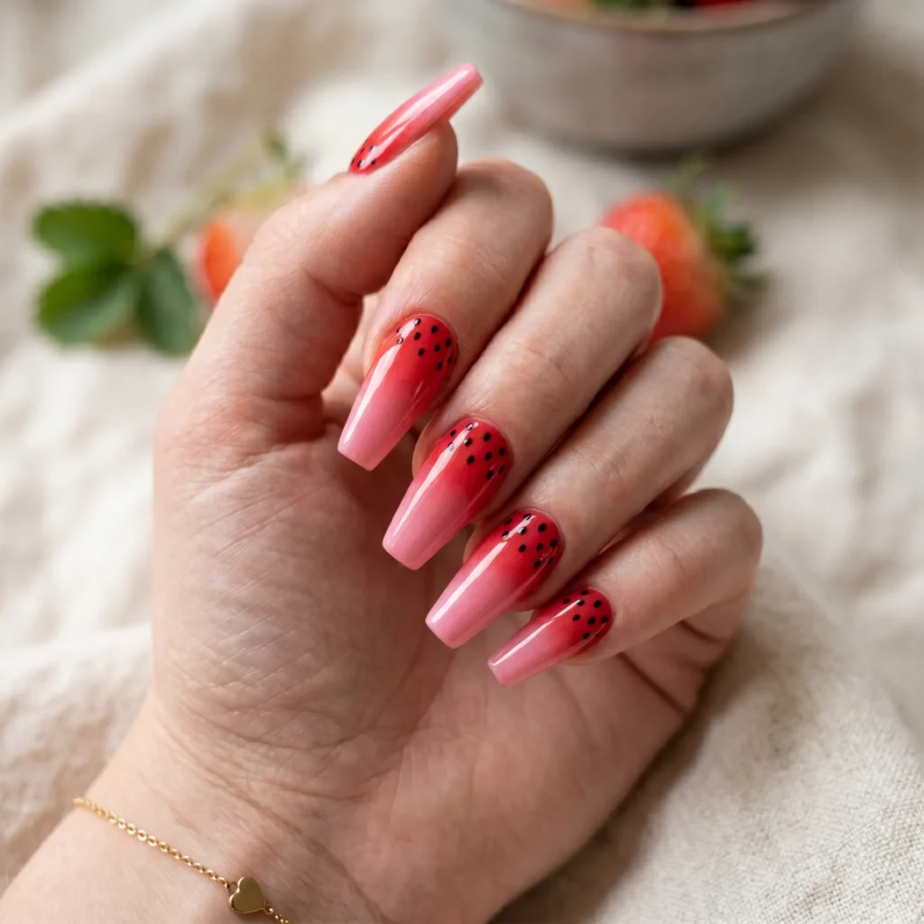 strawberry nails 2026 gradient red pink ombre coffin