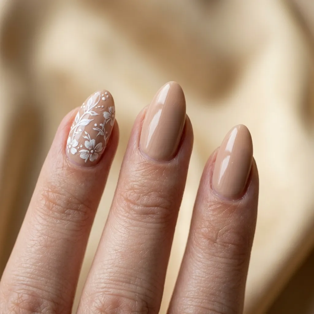 "Graduation nails with hand-painted white floral accent on nude almond base — nail art detail"