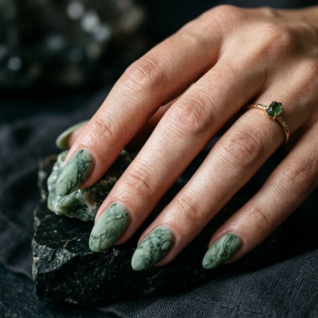 Matte jade marble nails with raw mineral-inspired texture and muted green tones.
