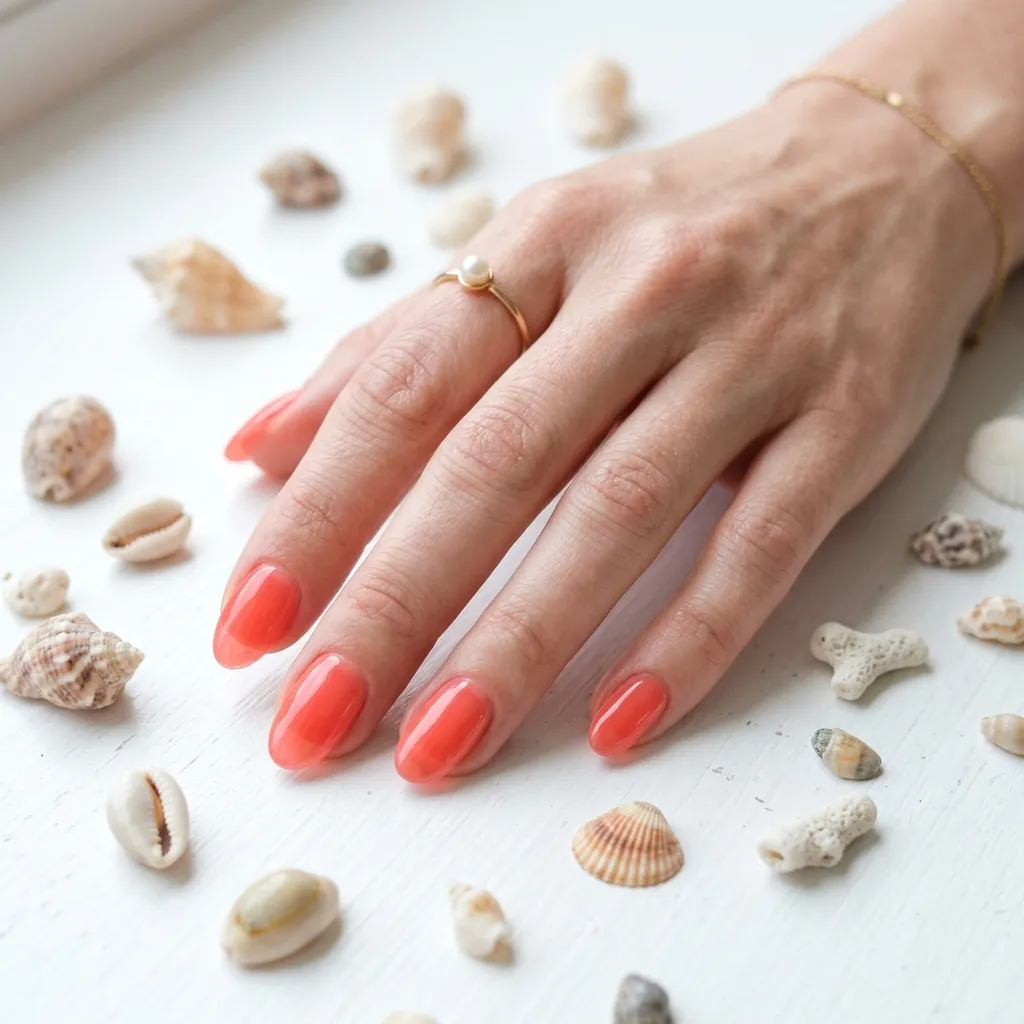 Translucent coral jelly nails with candy-glass texture beside seashells