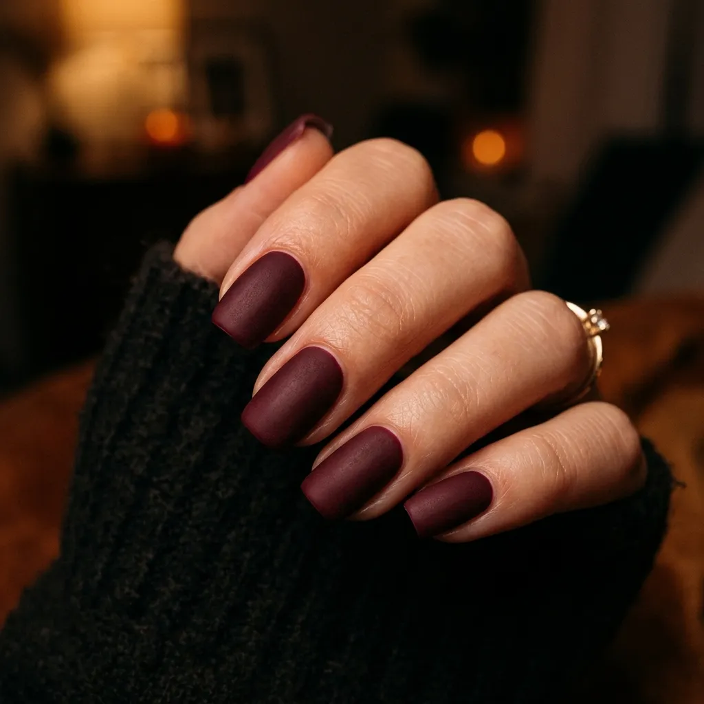 Squoval press-on nails in deep muted burgundy with a velvet matte finish under warm amber indoor lighting