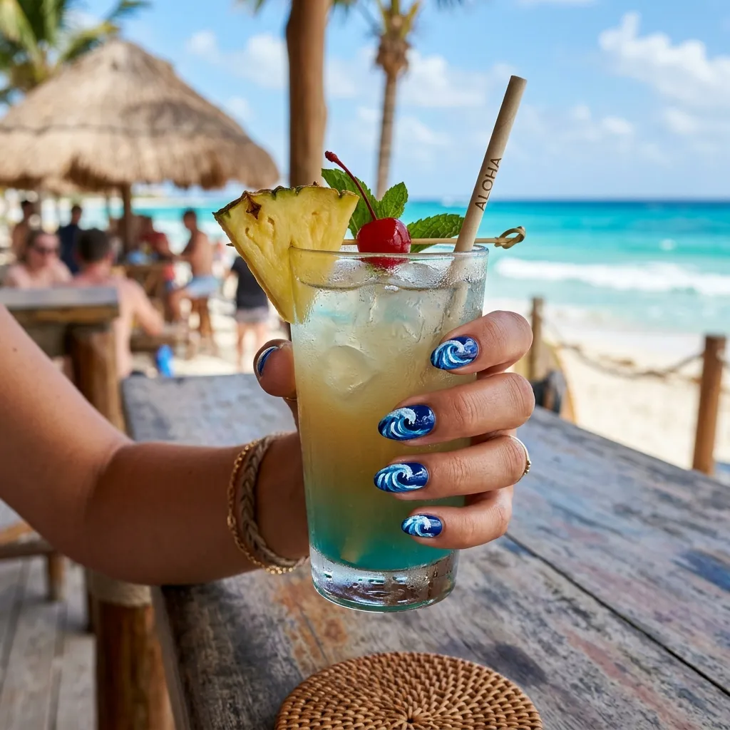 Ocean wave nail art beach vacation nails 2026 holding cocktail