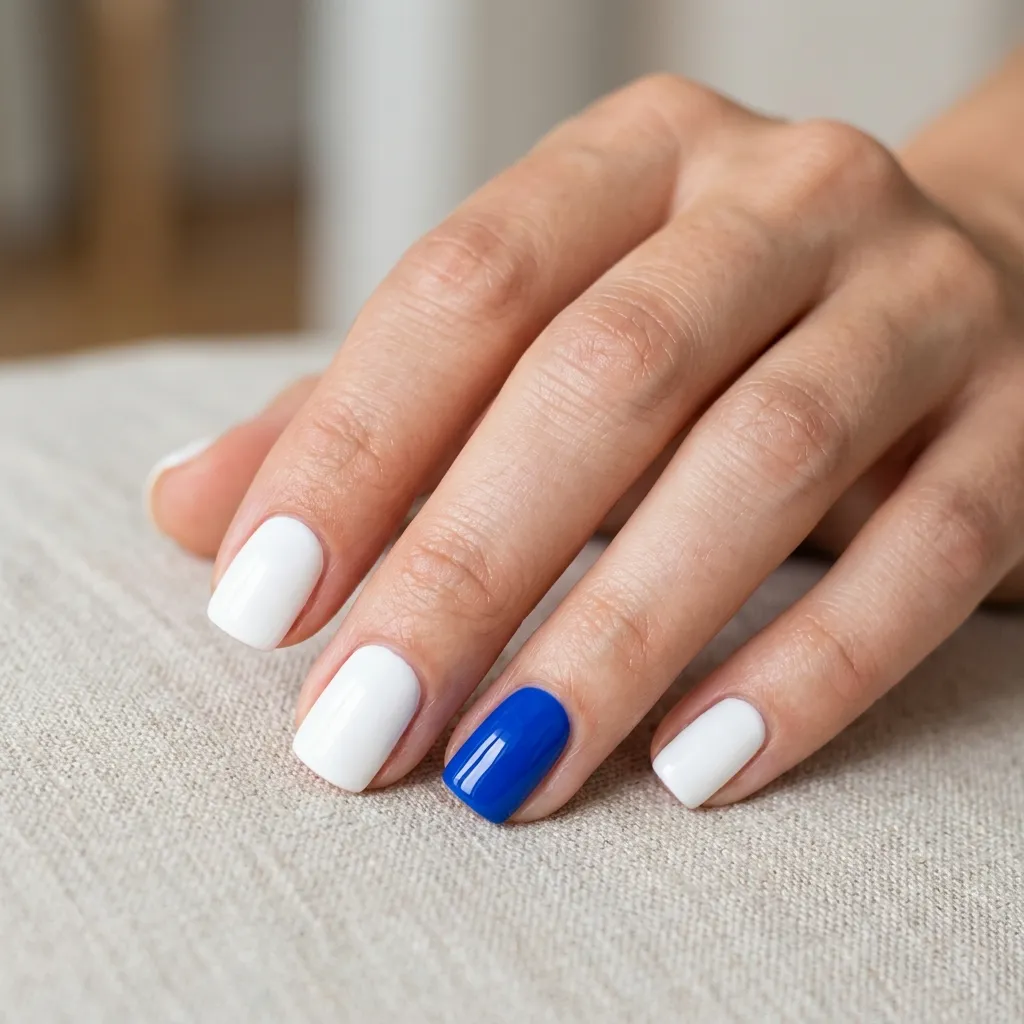 Short nail fourth of july ideas in white and cobalt blue 2026