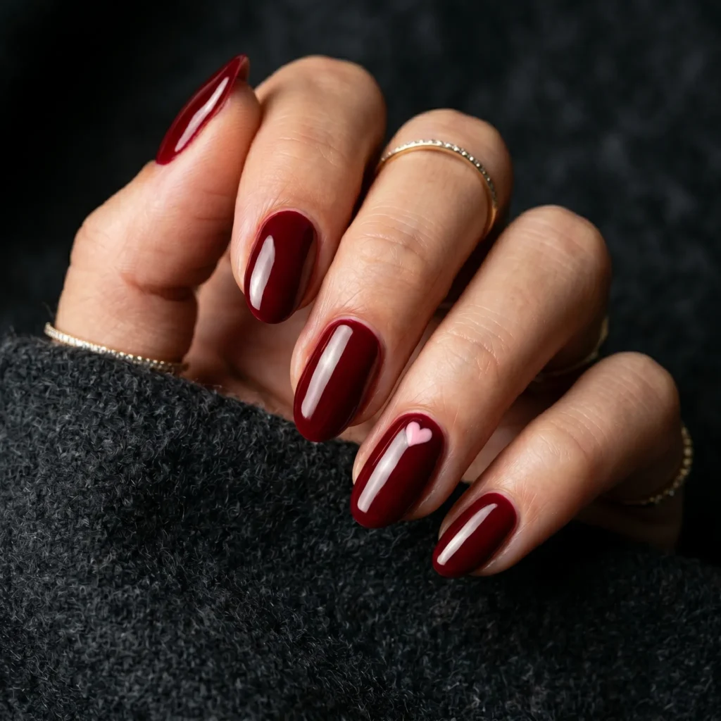 Mother's Day nails 2026 &mdash; glossy red oval nails with soft pink heart accent, romantic manicure