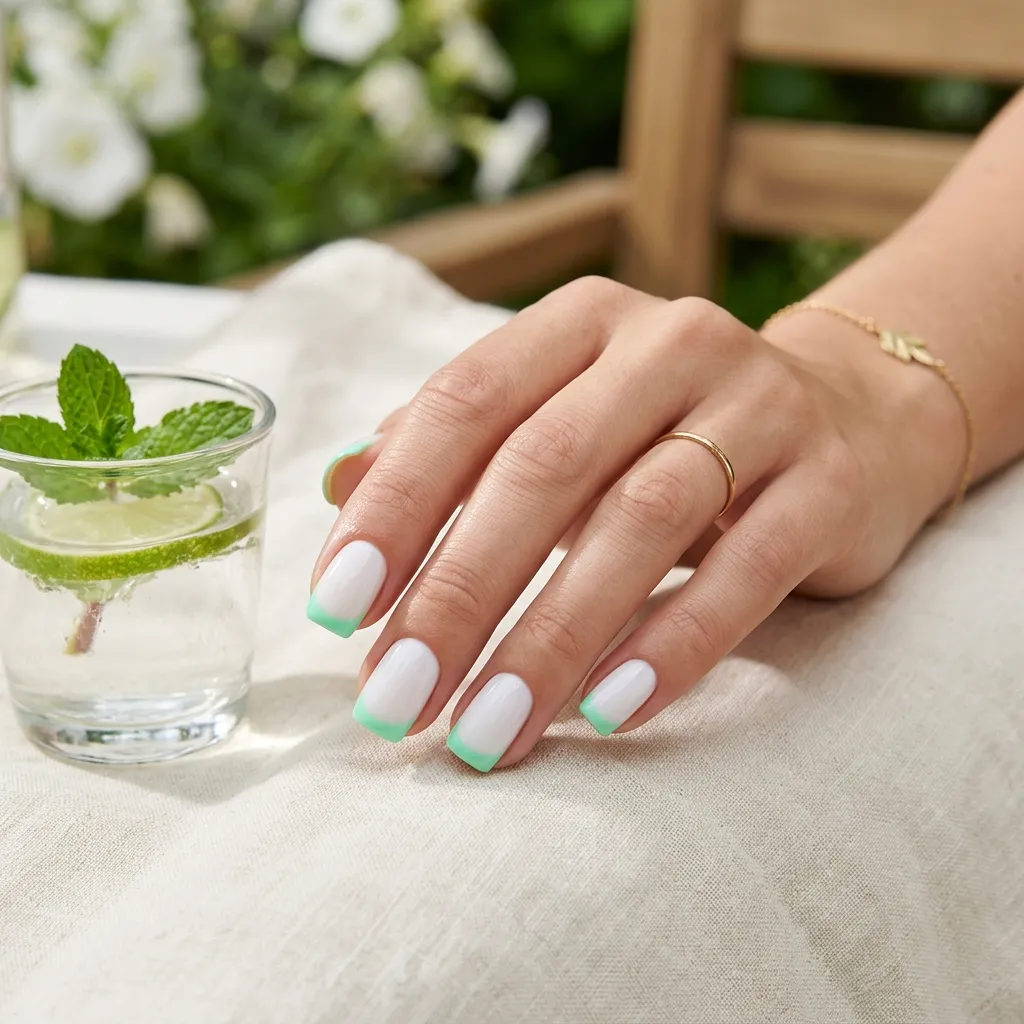 Mint green french tip nails with clean summer manicure aesthetic
