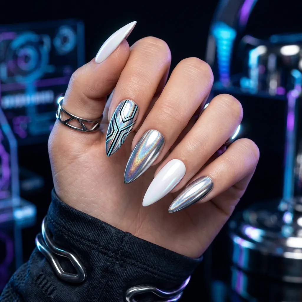 korean nails 2026 aespa kpop nails silver holographic chrome white stiletto