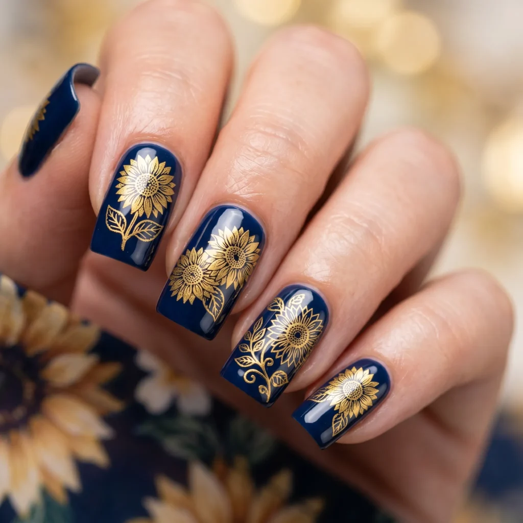 Gold stamped sunflower nail art on navy square nails using nail stamping technique