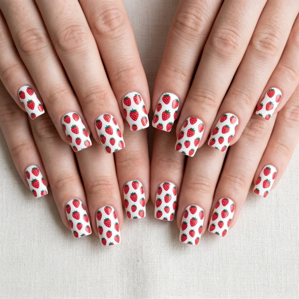 strawberry nails 2026 stamping pattern full set square