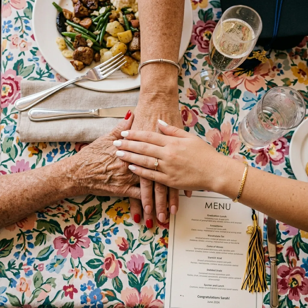 "Three generations hands at graduation lunch — white, nude, and red graduation nails"