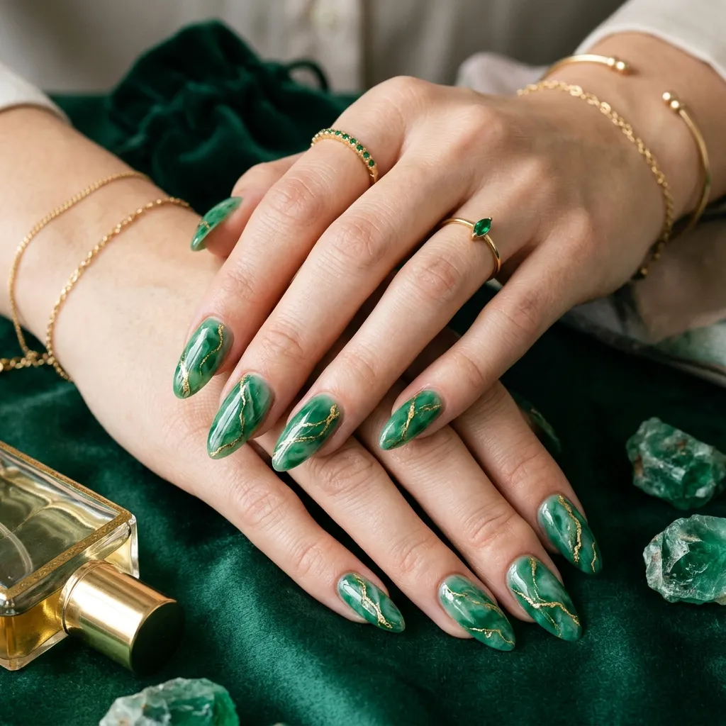 Jade marble nails with delicate gold veining and rich emerald gemstone aesthetics.