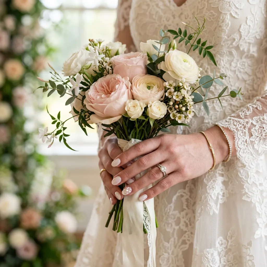 Bridal milky white glazed nails with pearl accent holding a floral bouquet