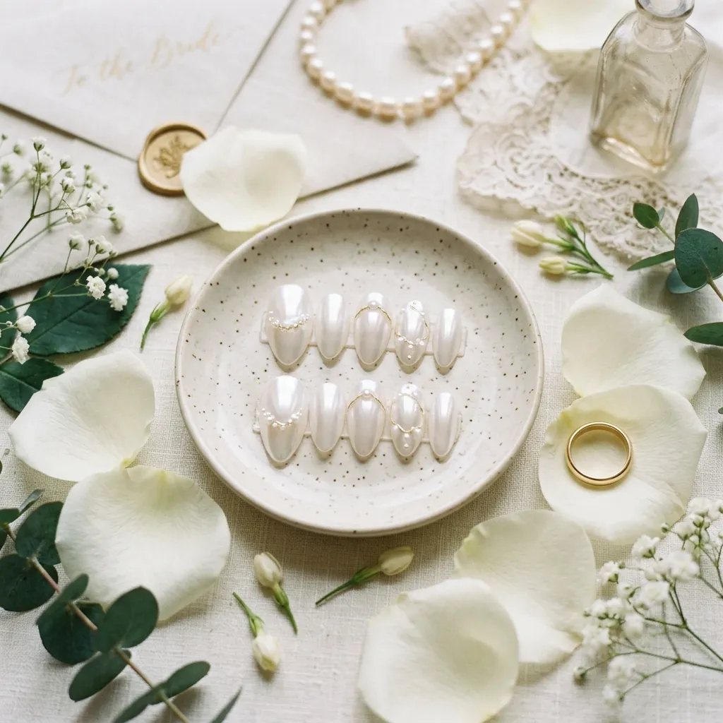 Bridal press-on nail set in sheer milky white with pearl accents styled with white rose petals and a gold ring
