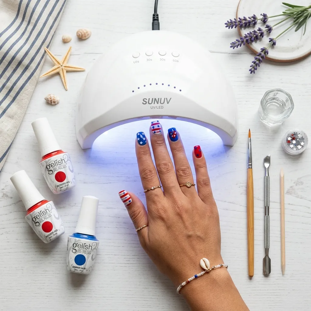 Fourth of july gel nail tools and patriotic manicure setup 2026