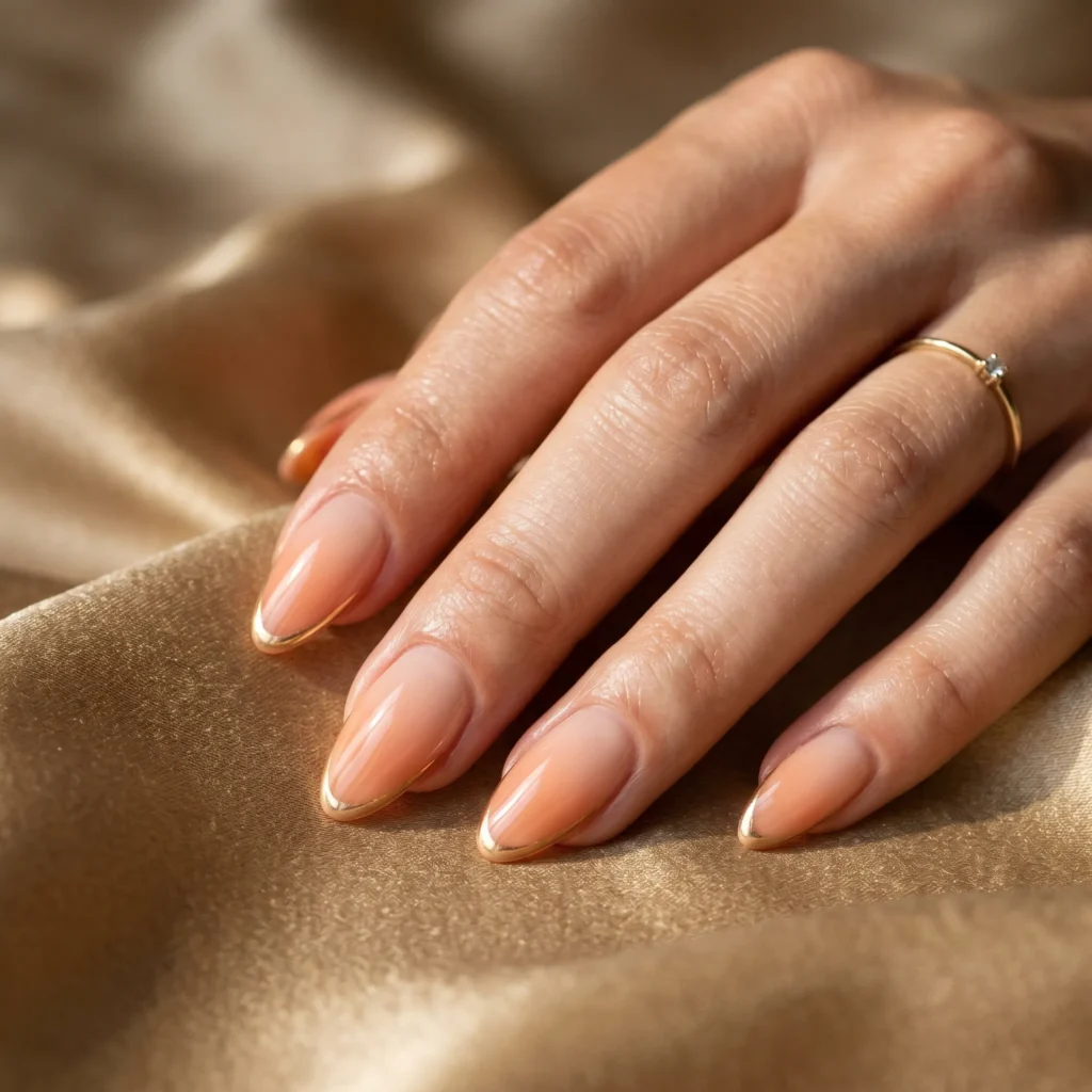 Mothers Day nails 2026 &mdash; peach ombre almond nails with gold chrome tip detail