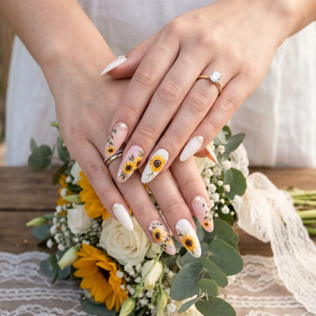 Bridal sunflower nail art on white almond nails with pearl accents for wedding look