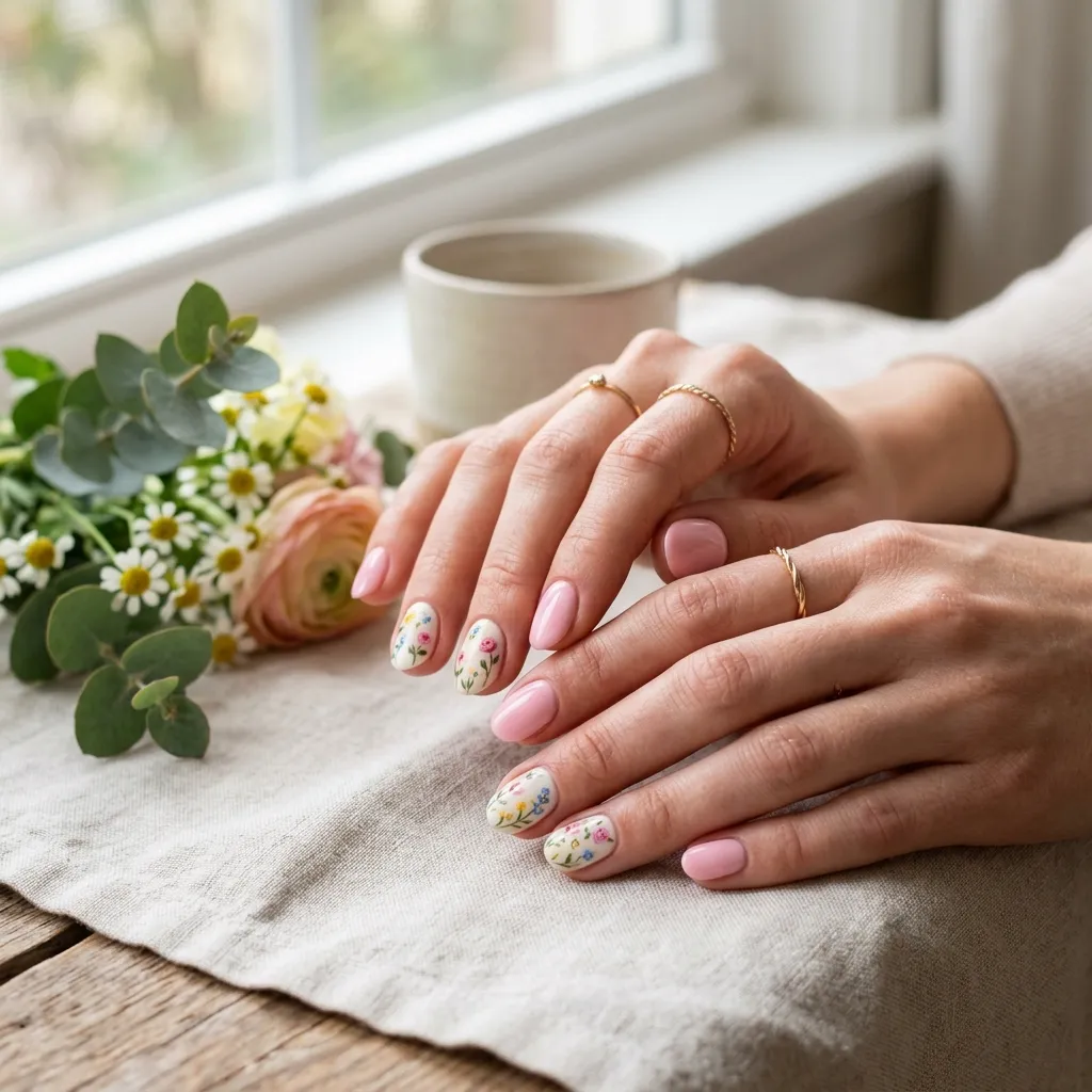 korean nails 2026 twice kpop nails soft pink floral short oval
