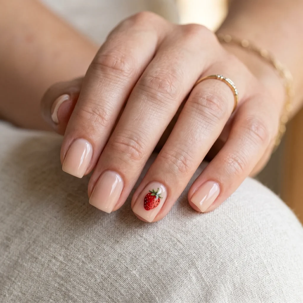 strawberry nails 2026 single accent nail short square nude