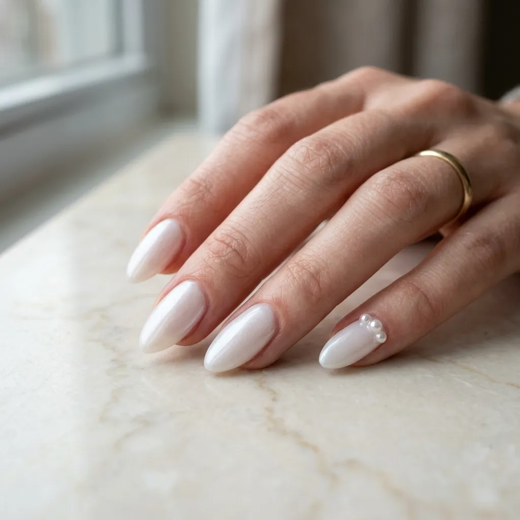 "Pearl embellishment graduation nails — sheer white almond with pearl accent nail 2026"