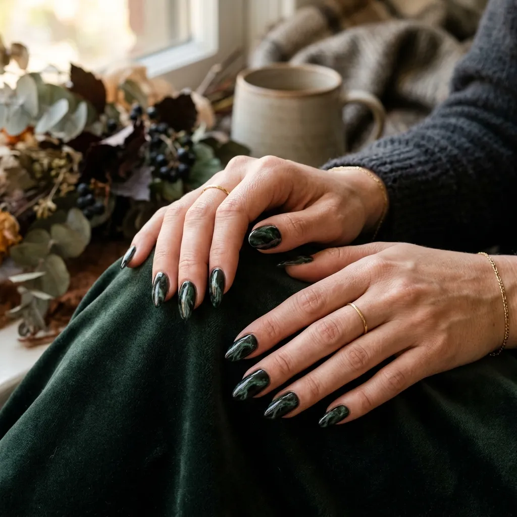 Dark black-jade marble nails with deep forest green and charcoal veining for a moody autumn look.
