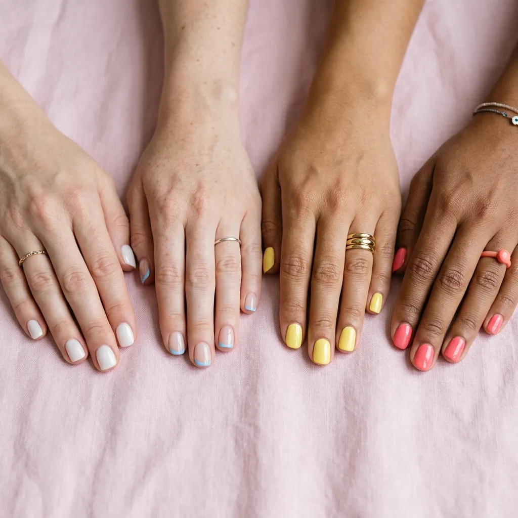Four short nail looks for June 2026 in white, blue, yellow, and coral