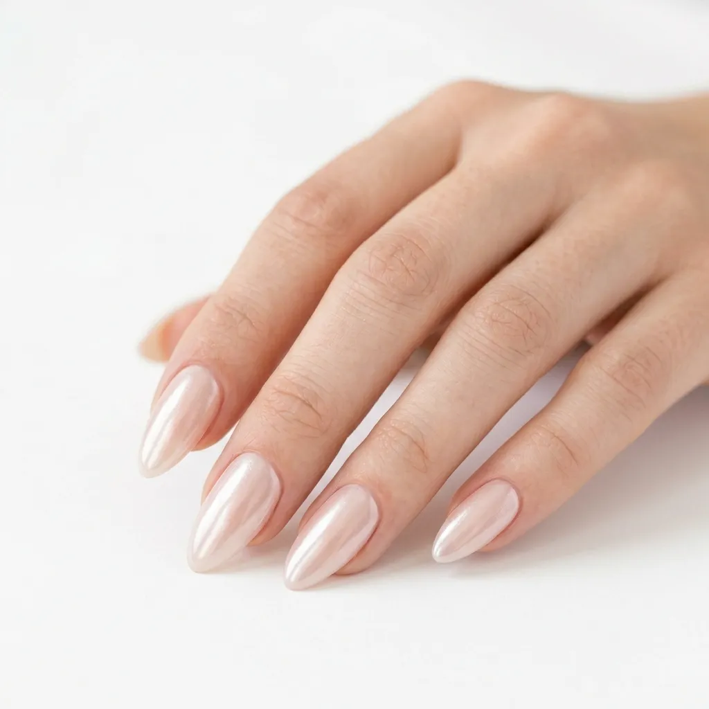 Almond bridal press-on nails in sheer blush with a micro pearl chrome finish on a pure white background