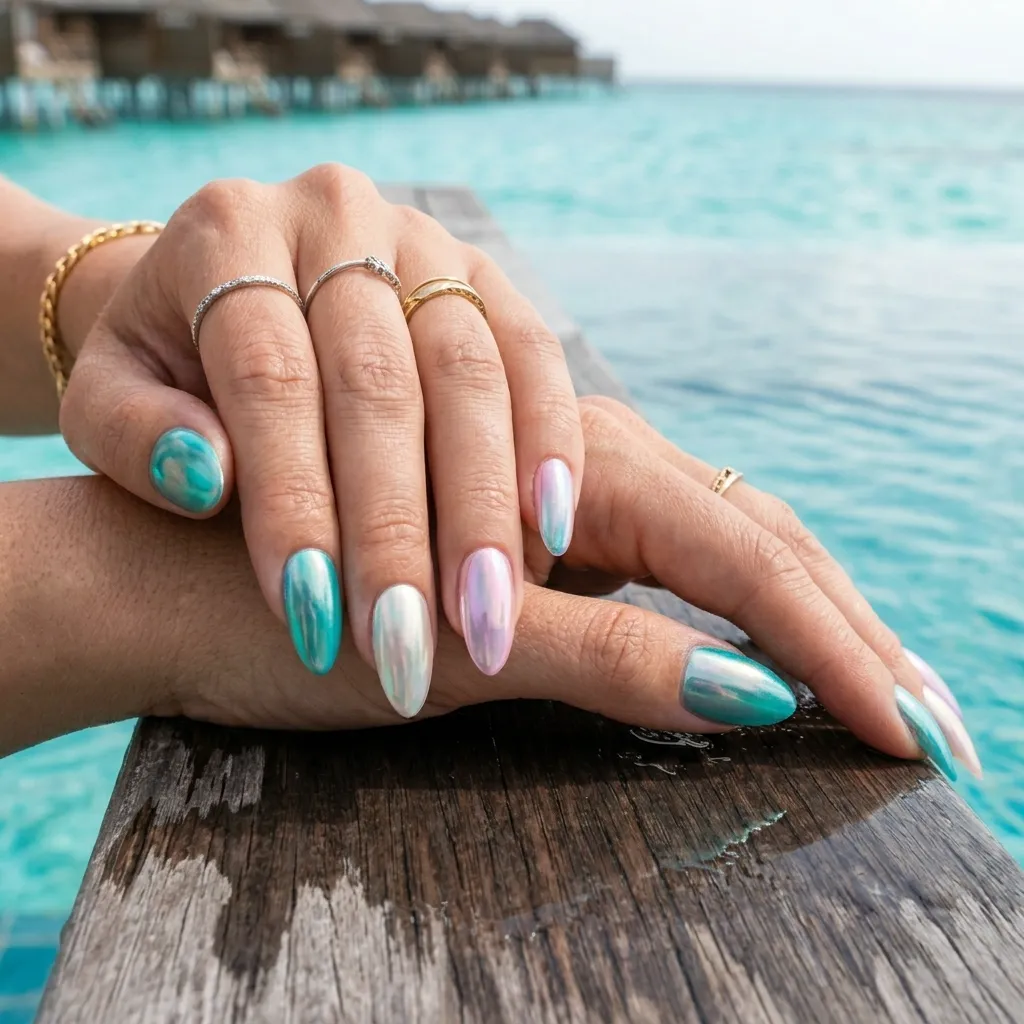 Mermaid iridescent chrome resort vacation nails 2026 infinity pool