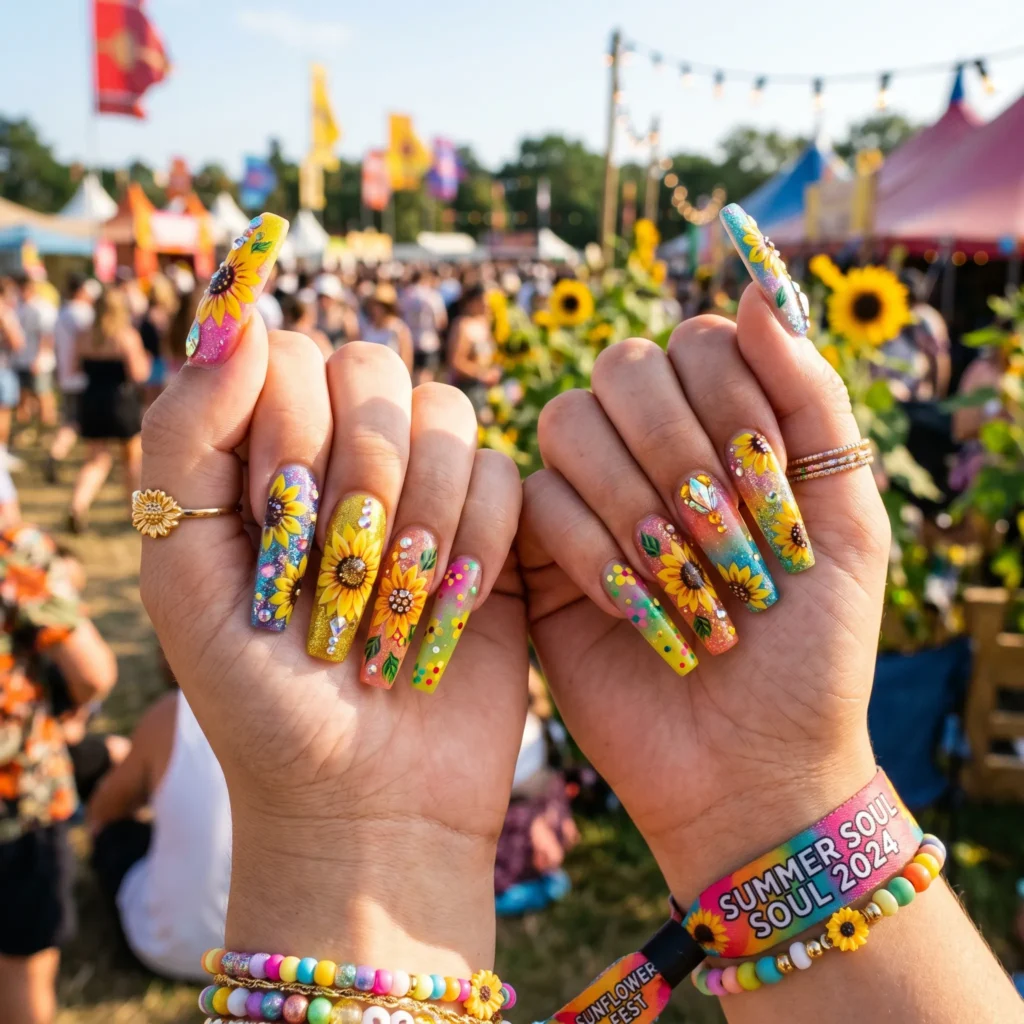 Festival sunflower nail art with multi-color base and golden sunflower accents on coffin nails